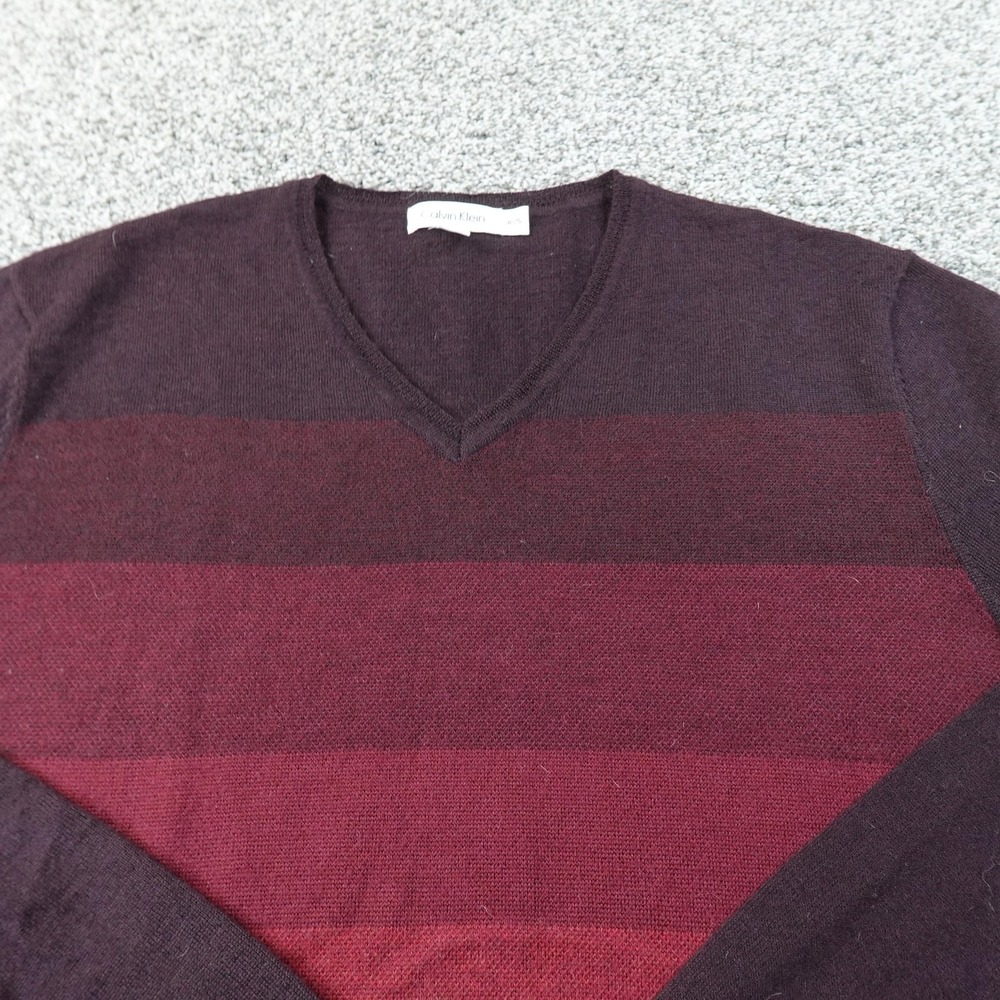 Calvin Klein Sweater Mens XL Red Stripe Knit V Neck Merino Wool Blend Pullover